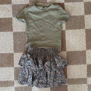 H&M Olive Top and Floral Ruffle Skirt